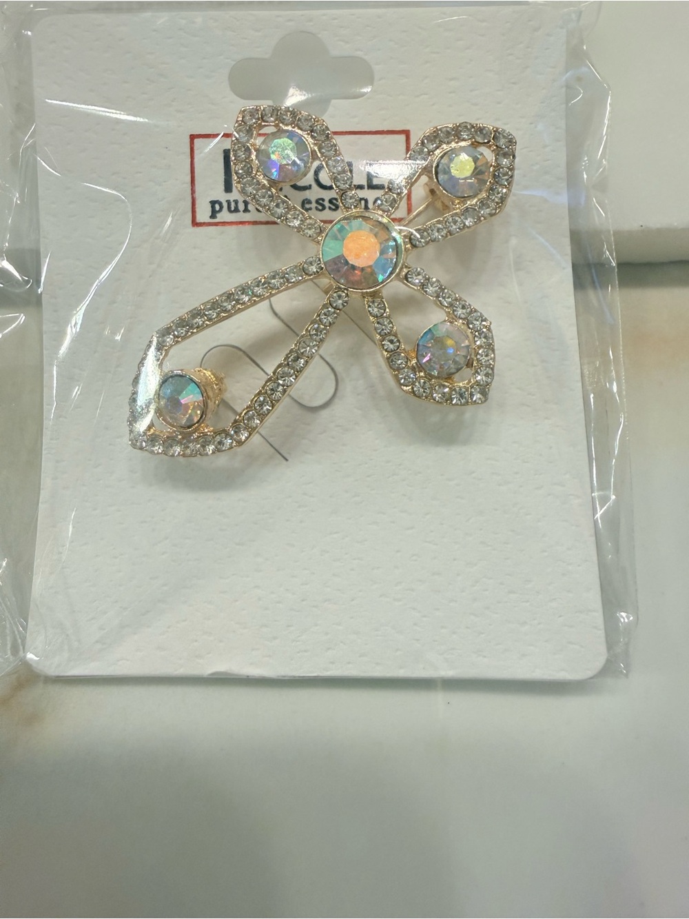 Gold-Tone Cross Brooch with Iridescent Aurora Stones